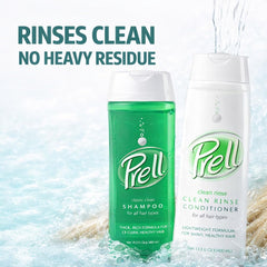 Prell 2-in-1 label close-up highlights cleansing power and a bright finish.