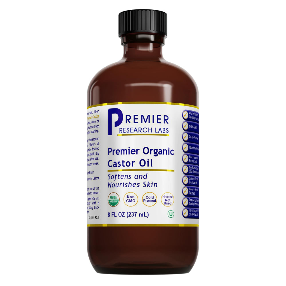 Premier Research Labs Huile de ricin — flacon 236 ml, hydratante pour peau et cheveux.