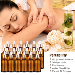 Ensemble PrettyCare de 24 bouteilles ambrées 30 ml avec étiquettes pour l’organisation.