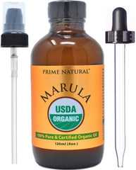 Prime Naturel Marula Oil: bouteille sombre avec pompe pour dosage précis et pratique