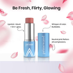 Prime Prometics PrimeWand Nude – application sur les joues pour un éclat doux et durable.