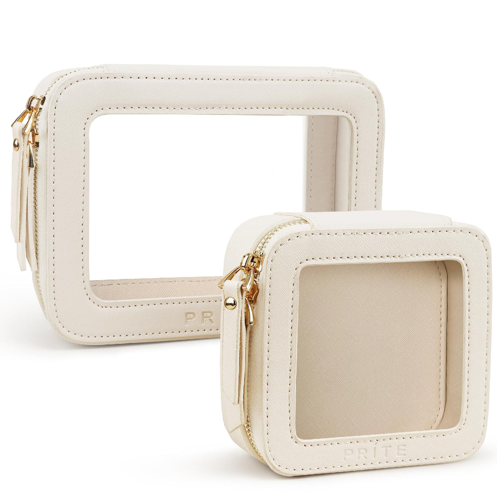 Prite sac maquillage clair etanche avec fermeture dorée, idéal voyage.