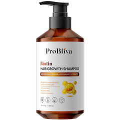 ProBliva Shampoing Biotine Romarin – bouteille visible, fortifie les cheveux fins au fil des lavages.