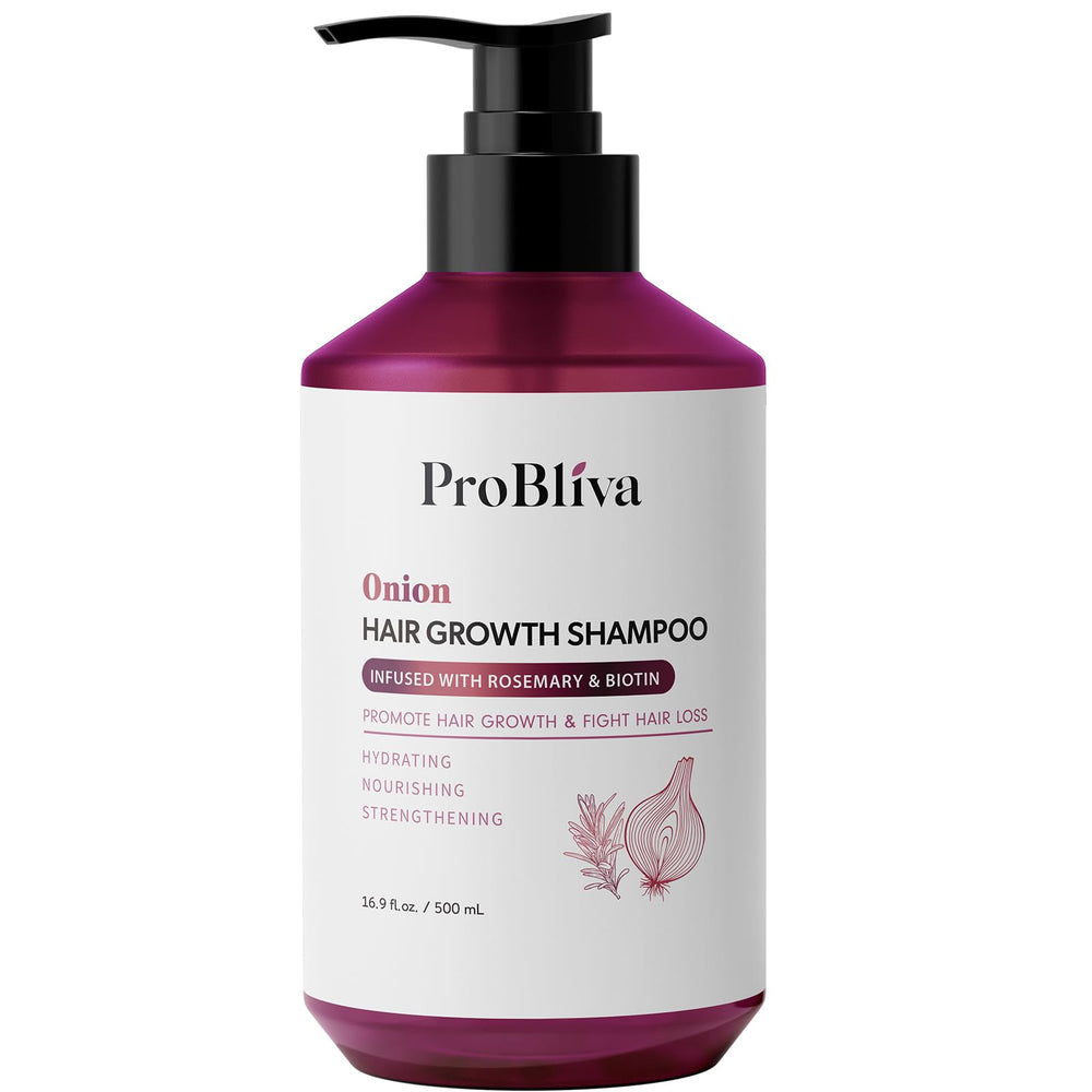 ProBliva shampooing oignon-romarin, bouteille prête pour cheveux plus forts.