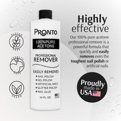 Pronto acetone remover label close-up showing professional formula