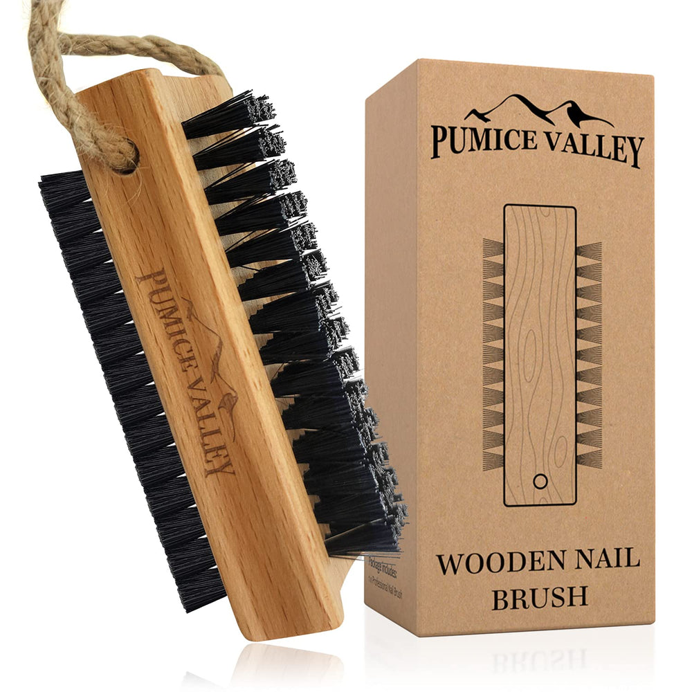 Brosse Pumice Valley pour ongles double-face, bois hêtre et poils charbon nylon, nettoyage efficace
