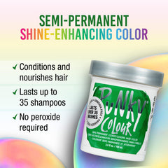 Punky couleur vert-pomme sur cheveux, résultat lumineux et durable après application.