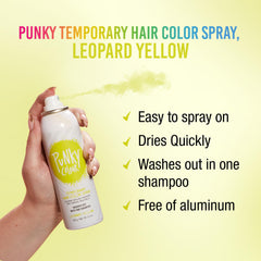 Punky spray couleur capillaire Léopard Jaune sur cheveux secs pour application rapide.