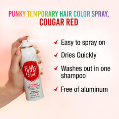 Punky Spray cheveux Cougar Red, application rapide pour changer de style facilement.