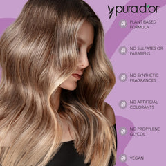 Après-shampoing PURA D'OR, flacon visible, démêlage facilité et brillance.