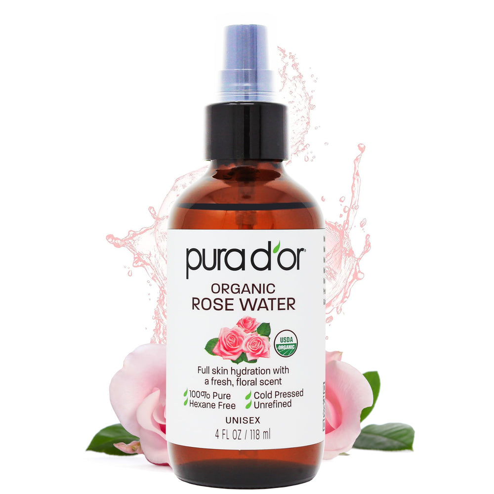 Tonique PURA D'OR à l'eau de rose dans une bouteille prête à hydrater la peau.