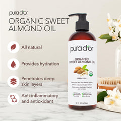 Étiquette PURA D'OR huile amande douce bio, naturelle et hypoallergénique.