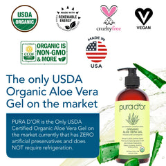 PURA D'OR Aloe Vera Gel label close-up showing USDA Organic status