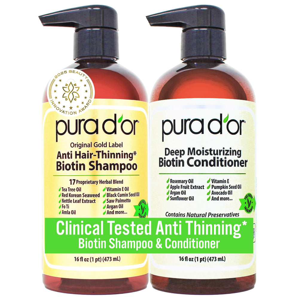 PURA D'OR Shampoing Gold Label; flacon visible et volume potentiel.