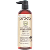 PURA D'OR Biotine Shampoo – bouteille en gros plan, potentiel volume et vitalité des cheveux.