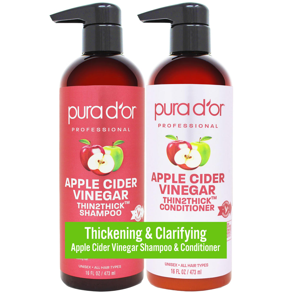 Shampoing PURA D'OR vinaigre cidre pomme, bouteille prête à l'usage, hydratation renforcée des cheveux.