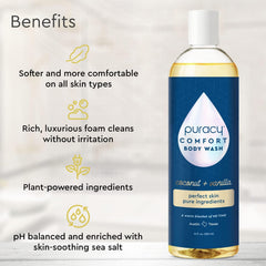 Puracy Body Wash creamy-lather image suggests rich foaming suds for a spa-like shower.
