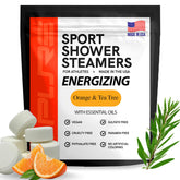 Pure Athlete – galet-douche énergisant orange-arbre-à-thé dans une bouteille, énergie matinale.
