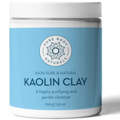 Pure Body Naturals Kaolin poudre blanche, texture fine idéale pour peau sensible.