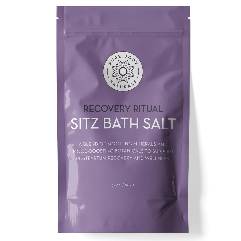 Pure Body Naturals Sitz Bath Salt bottle shows postpartum relief and soothing aroma