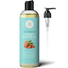 Pure Body Naturals Sweet Almond Oil bottle pour supports easy skin and hair care.
