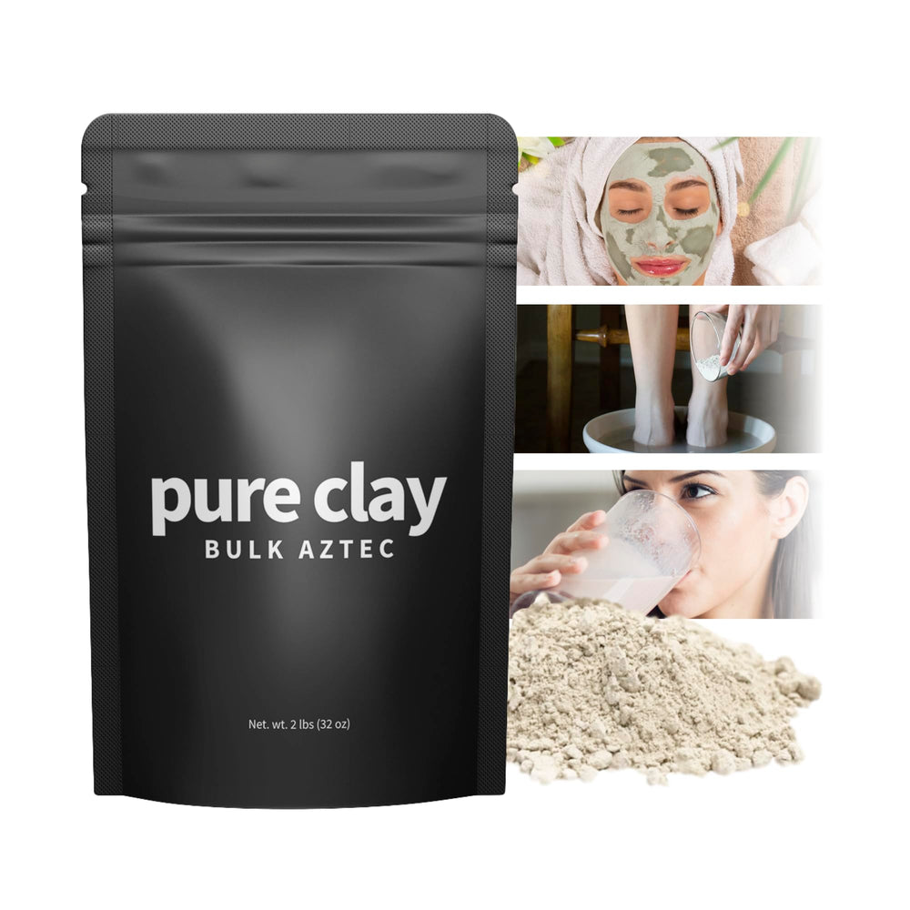 Pure Clay poudre bentonite calcium, texture fine pour masque visage et soins cheveux.