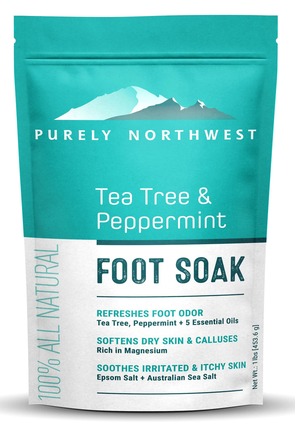 Purely Northwest Tea Tree Foot Soak bottle pour for easy, mess-free use.