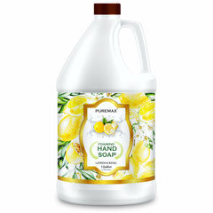 Puremax savon mousse main Citron-Basilic, bouteille visible pour un lavage doux et efficace.
