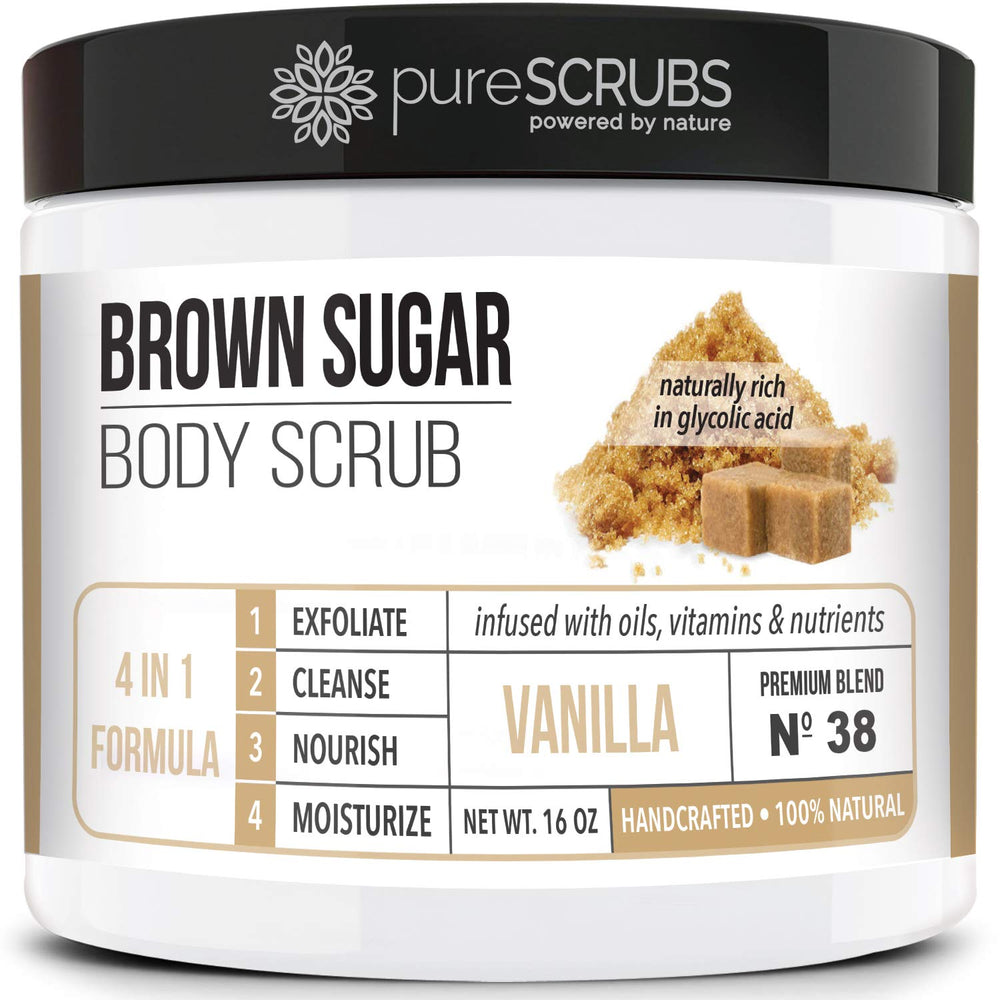PureSCRUBS gommage vanille et sucre brun 16oz pour peau douce et éclatante.