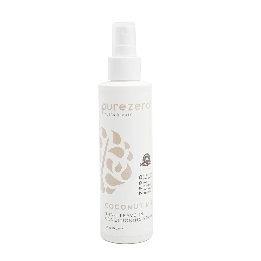 Purezero 9-en-1 démêlant sans rinçage, flacon visible, hydratation efficace.