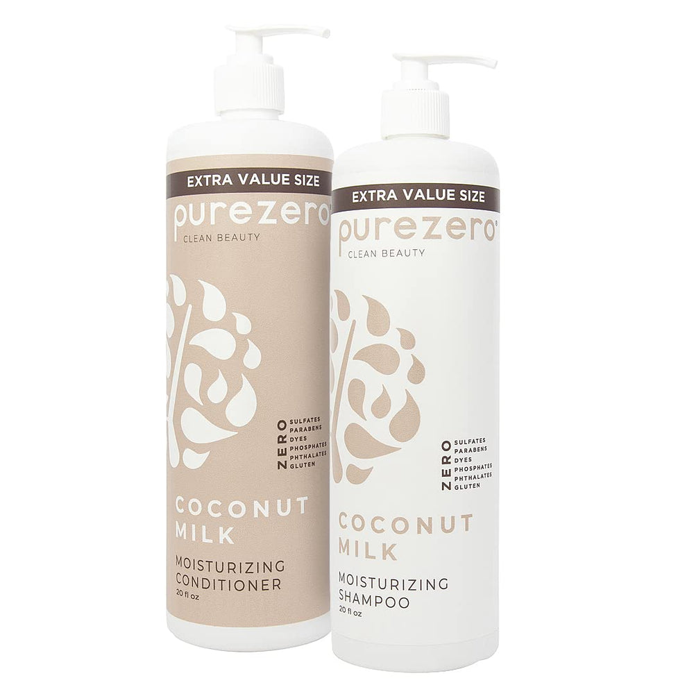 Shampoing Purezero au lait de coco, bouteille élégante, hydratation durable pour cheveux secs.
