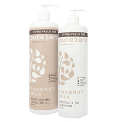 Shampoing Purezero au lait de coco, bouteille élégante, hydratation durable pour cheveux secs.