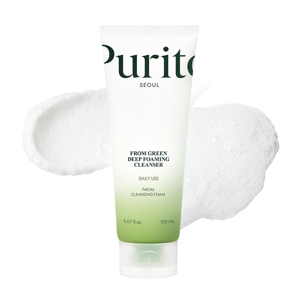Purito From Green Deep Foaming Cleanser : bouteille-mousse pour un nettoyage doux et efficace.