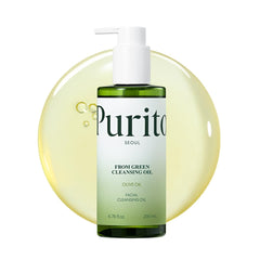 PURITO huile démaquillante verte en bouteille pour démarrage en douceur du démaquillage.