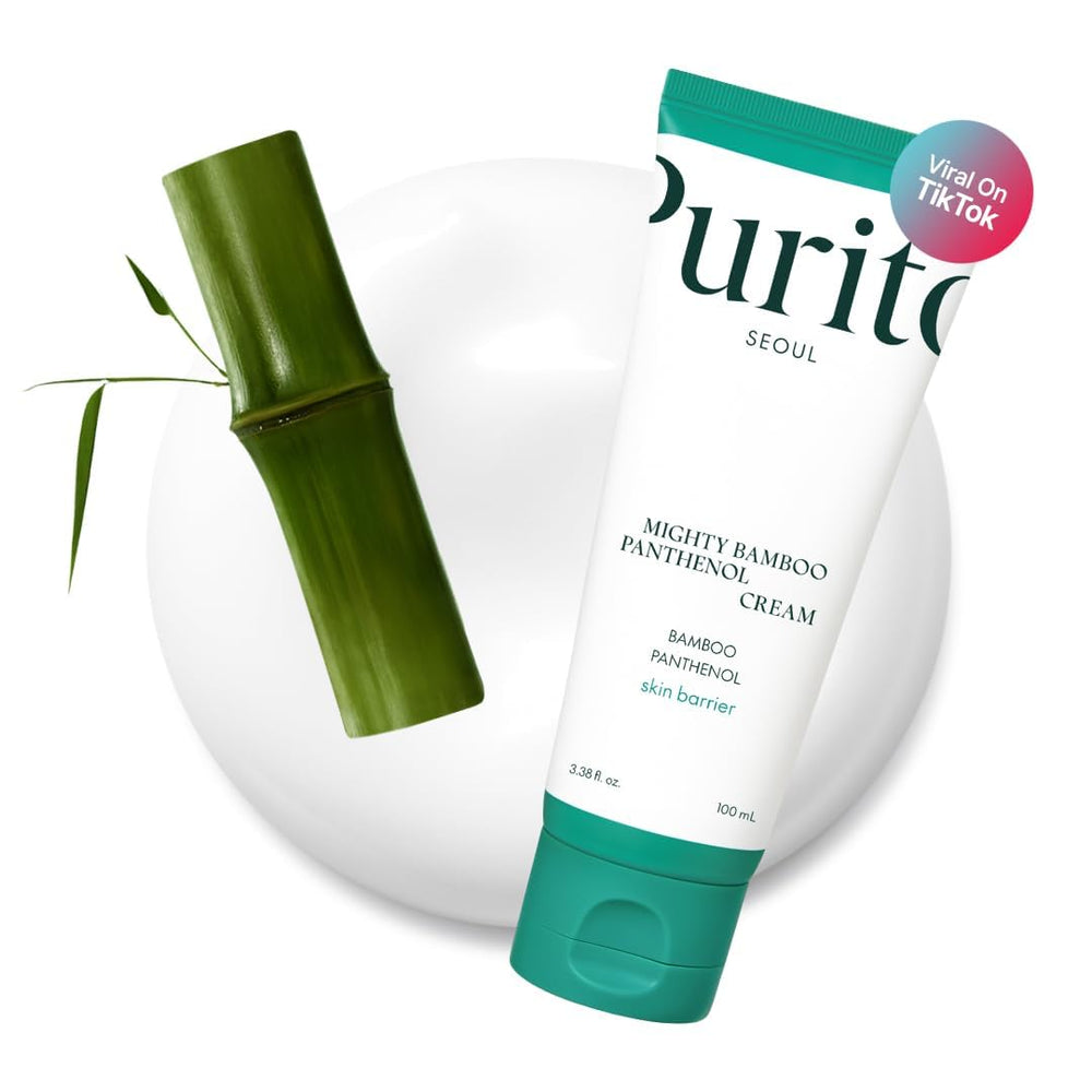 PURITO Panthenol 10% Post-Acné Cream — bouteille illustrant l'hydratation ciblée après acné