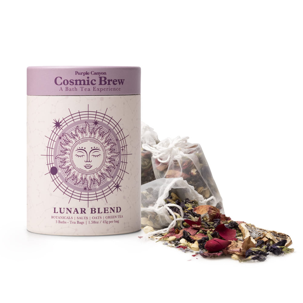 Purple Canyon Lunar Bath Tea, emballage et sachets prêt pour spa à domicile.