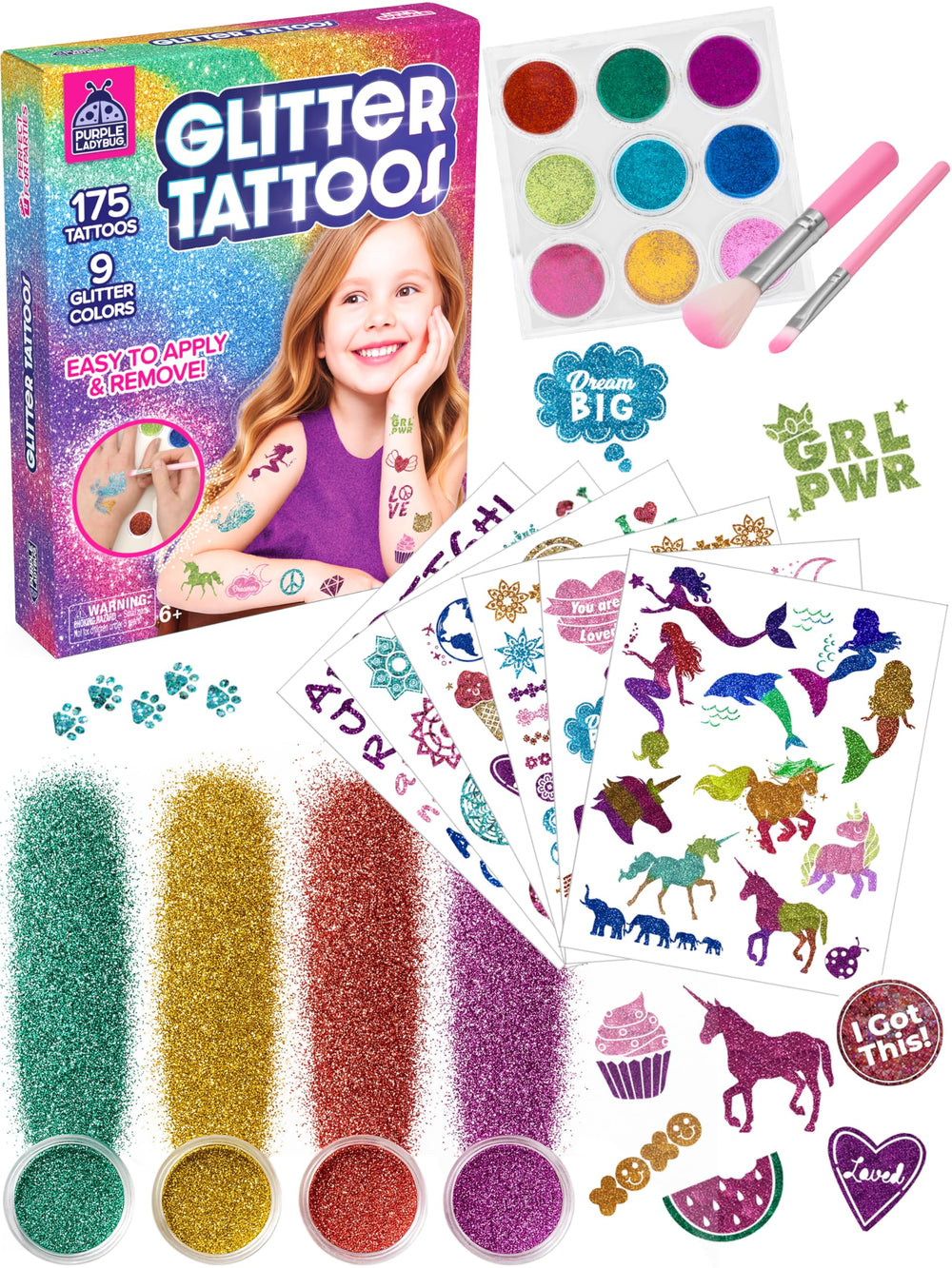 PURPLE LADYBUG ensemble de 175 tatouages temporaires pour enfants.
