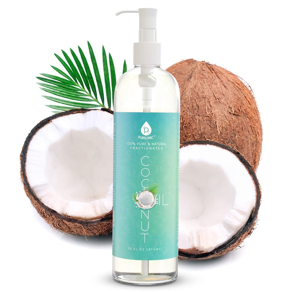 Pursonic huile coco fractionnée sans parfum dans bouteille pratique et légère.