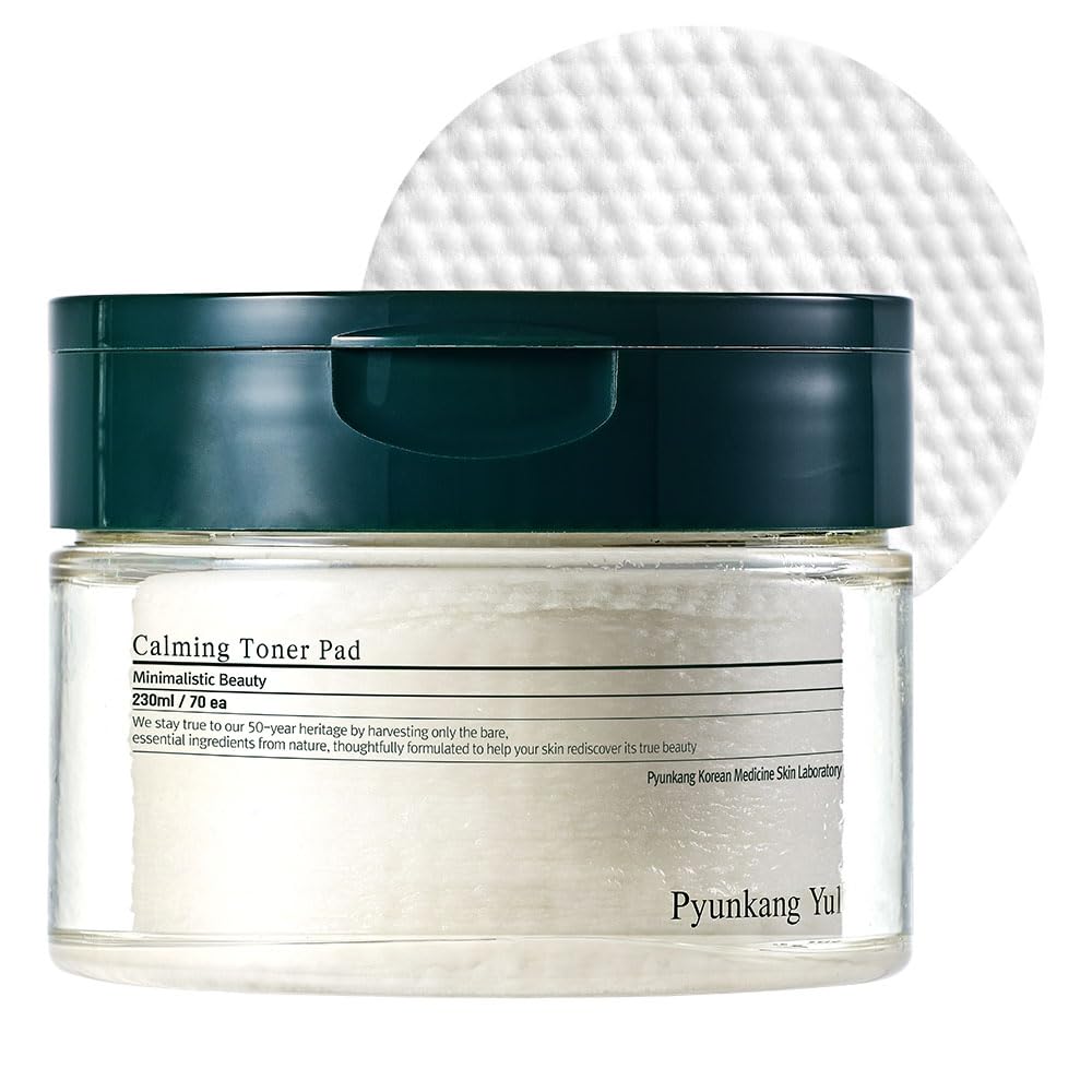 Tonique coton apaisant Pyunkang Yul PKY, pad double-face pour le visage et arbre à thé.