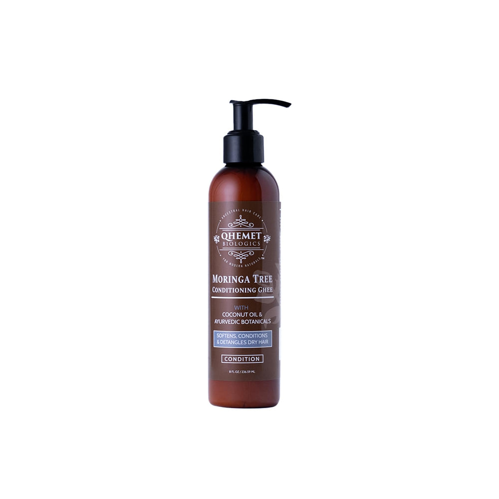Qhemet Biologics Moringa Tree Conditioning Ghee en bouteille, démêlage et hydratation en douceur.