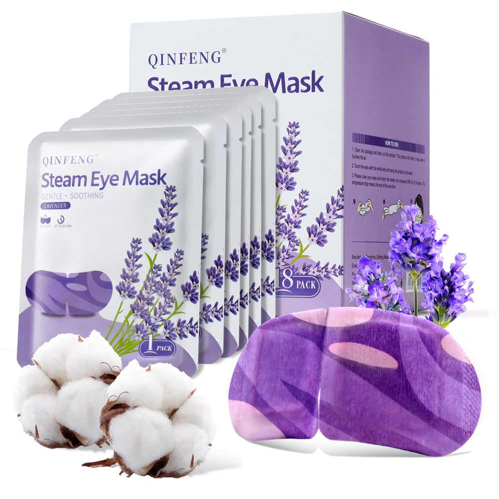 Masque yeux vapeur QINFENG lavande dans son emballage, prêt pour relaxation spa.