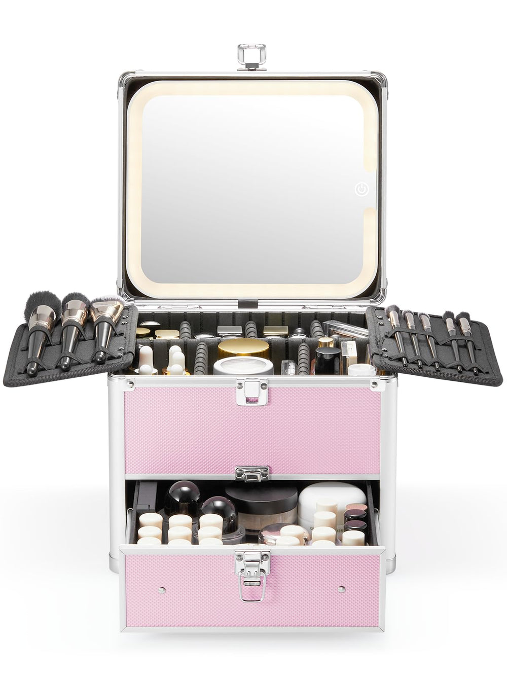 Boîte maquillage Qislee avec tiroir et miroir LED amovible, rangement pratique en voyage