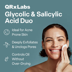 Boîte QRxLabs contenant 50 disques exfoliants, pratique pour routine acne