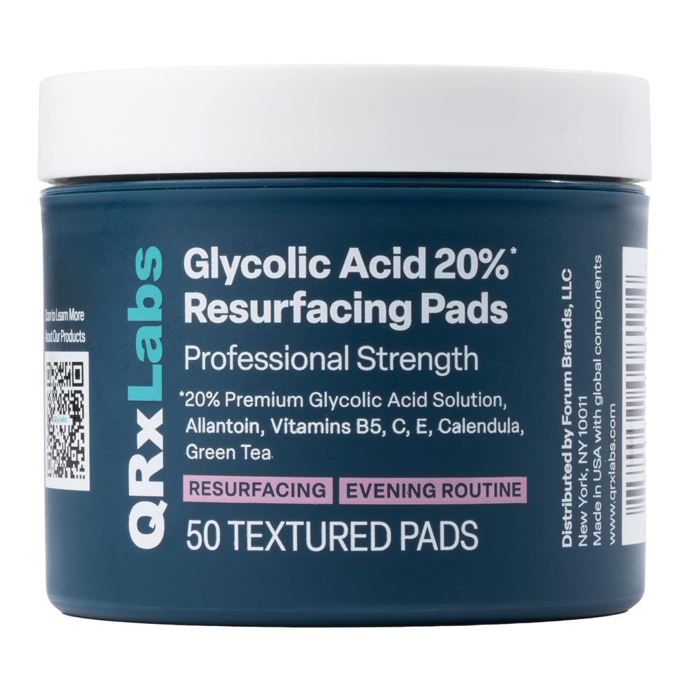 QRxLabs tampons à l'acide glycolique emballage, routine exfoliante pratique.