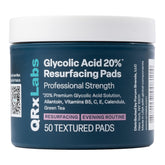 QRxLabs tampons à l'acide glycolique emballage, routine exfoliante pratique.