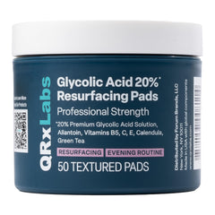 QRxLabs tampons à l'acide glycolique emballage, routine exfoliante pratique.