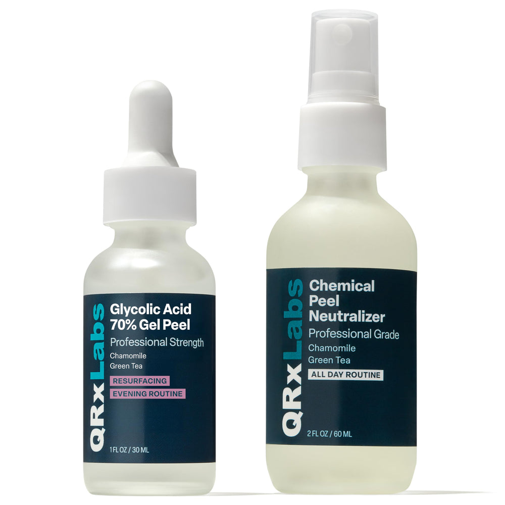 QRxLabs gel-peel acide glycolique 70, bouteille montrant l’exfoliation efficace.