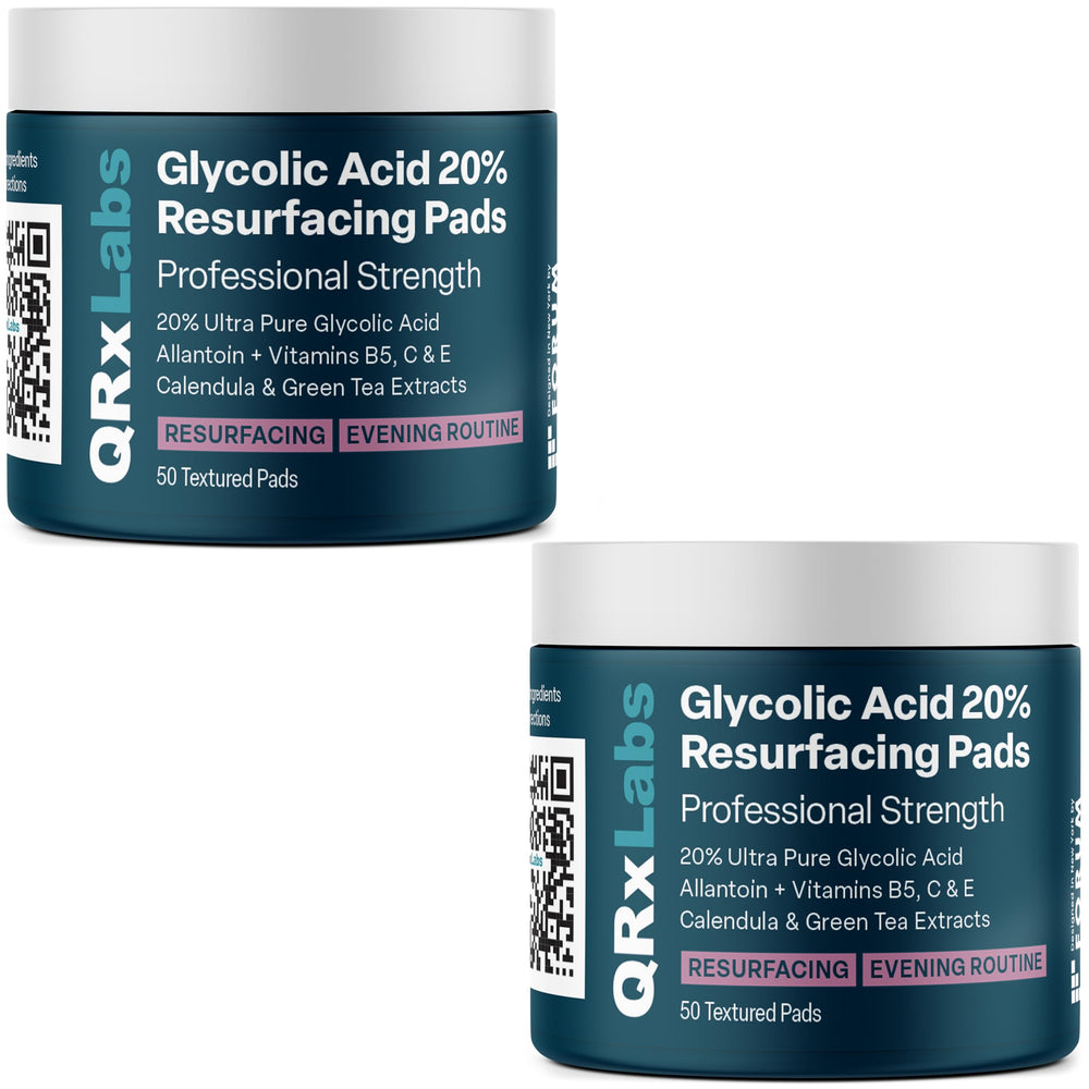 Tampons glycoliques QRxLabs pour le visage, texture lisse et éclat potentiel.