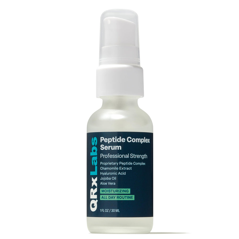 QRxLabs Sérum peptide complex, flacon translucide, hydratation durable.
