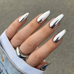 Qsnidy onglets adhésifs chrome amande, finition miroir pour un look quotidien élégant.